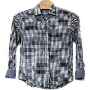 Bugatchi Shaped Fit L Shirt Blue Plaid L/S Linen Flip Cuff SEE‎ MEASUREMENTS